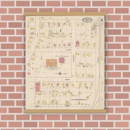 Old map wall art mockup — magnetic wood frame on brick wall — Sanborn Fire Insurance Map from New Washington, Crawford County, Ohio (1922), Sheet #0005