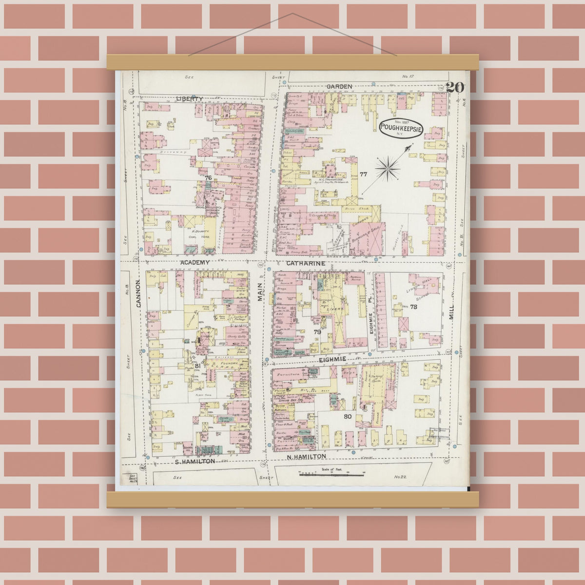 Old map wall art mockup — magnetic wood frame on brick wall — Sanborn Fire Insurance Map from Poughkeepsie, Dutchess County, New York (1887), Sheet #0020