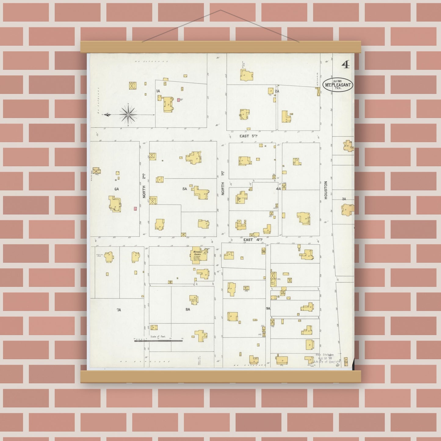 Old map wall art mockup — magnetic wood frame on brick wall — Sanborn Fire Insurance Map from Mount Pleasant, Titus County, Texas (1901), Sheet #0004