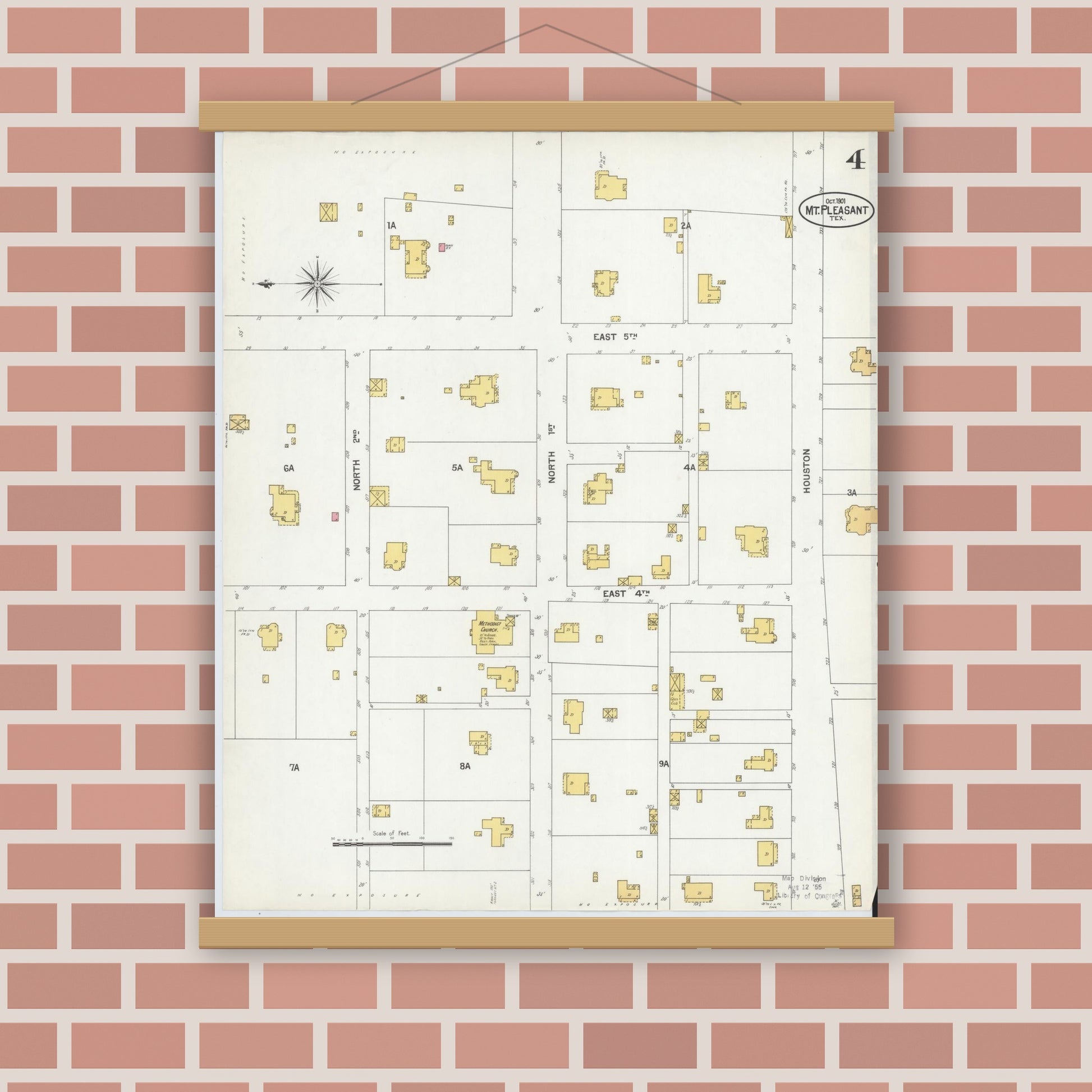 Old map wall art mockup — magnetic wood frame on brick wall — Sanborn Fire Insurance Map from Mount Pleasant, Titus County, Texas (1901), Sheet #0004