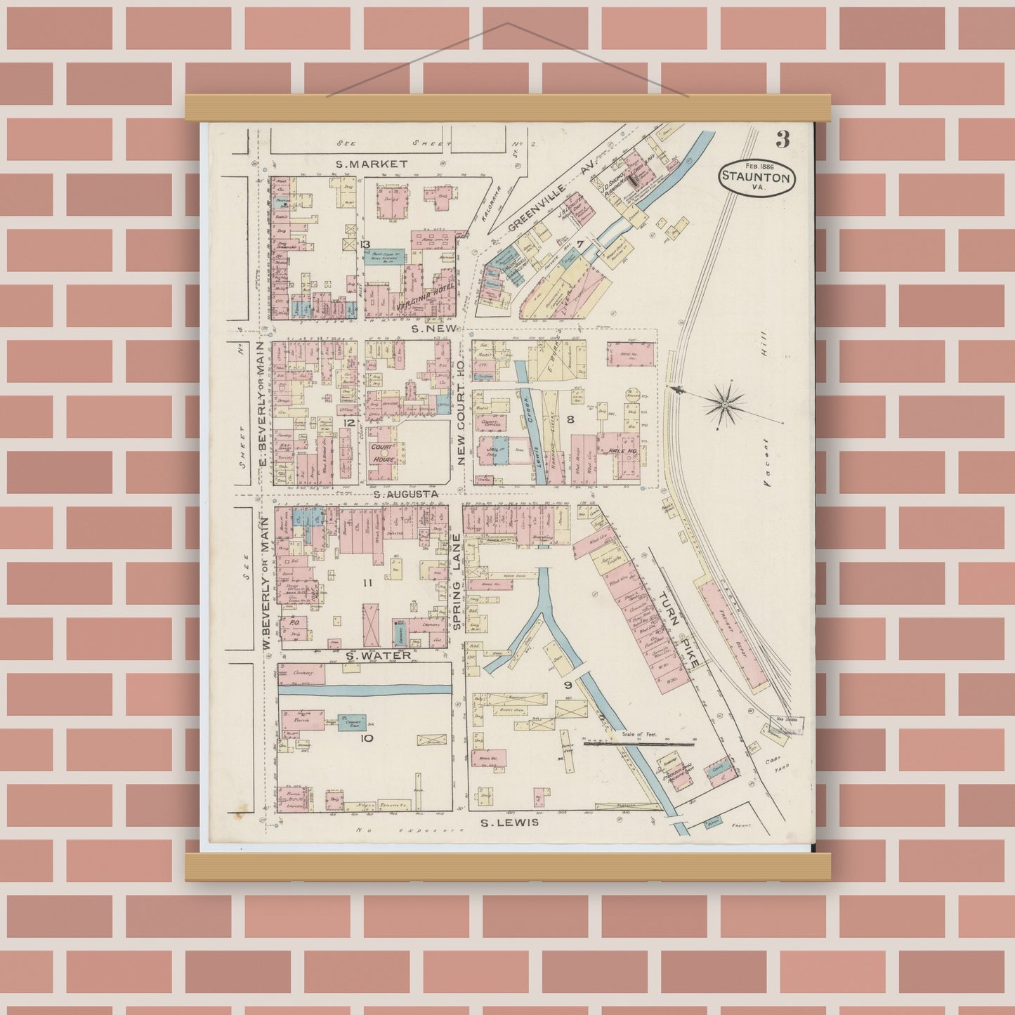 Old map wall art mockup — magnetic wood frame on brick wall — Sanborn Fire Insurance Map from Staunton, Independent Cities, Virginia (1886), Sheet #0003