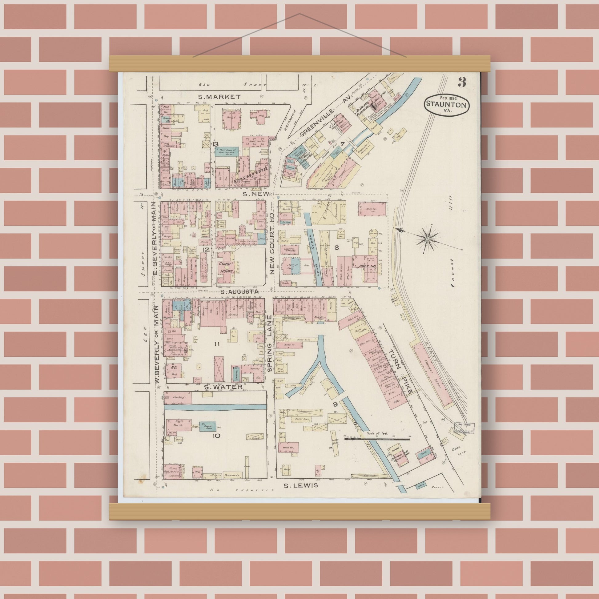 Old map wall art mockup — magnetic wood frame on brick wall — Sanborn Fire Insurance Map from Staunton, Independent Cities, Virginia (1886), Sheet #0003