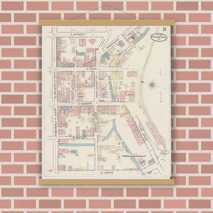Old map wall art mockup — magnetic wood frame on brick wall — Sanborn Fire Insurance Map from Staunton, Independent Cities, Virginia (1886), Sheet #0003