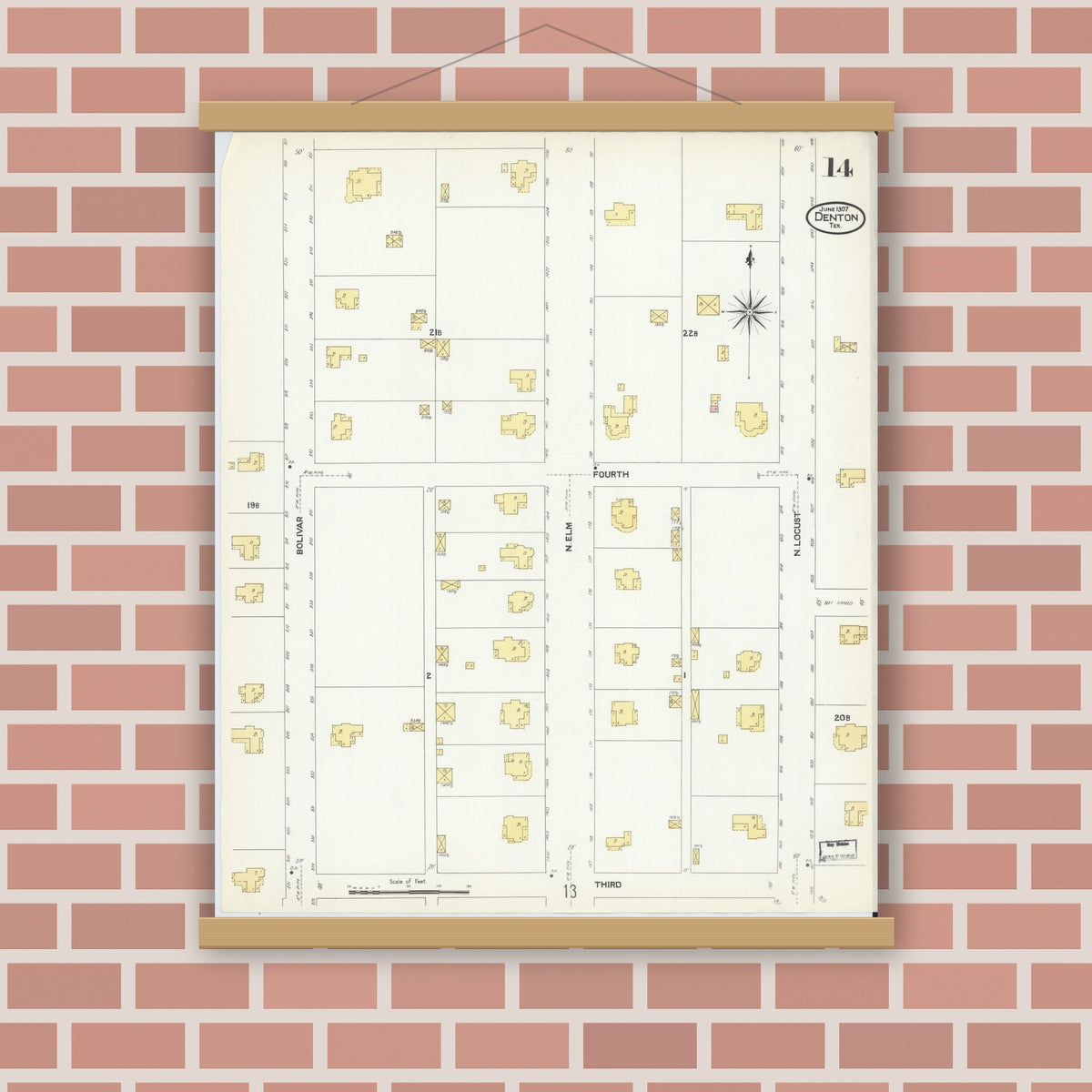 Old map wall art mockup — magnetic wood frame on brick wall — Sanborn Fire Insurance Map from Denton, Denton County, Texas (1907), Sheet #0014