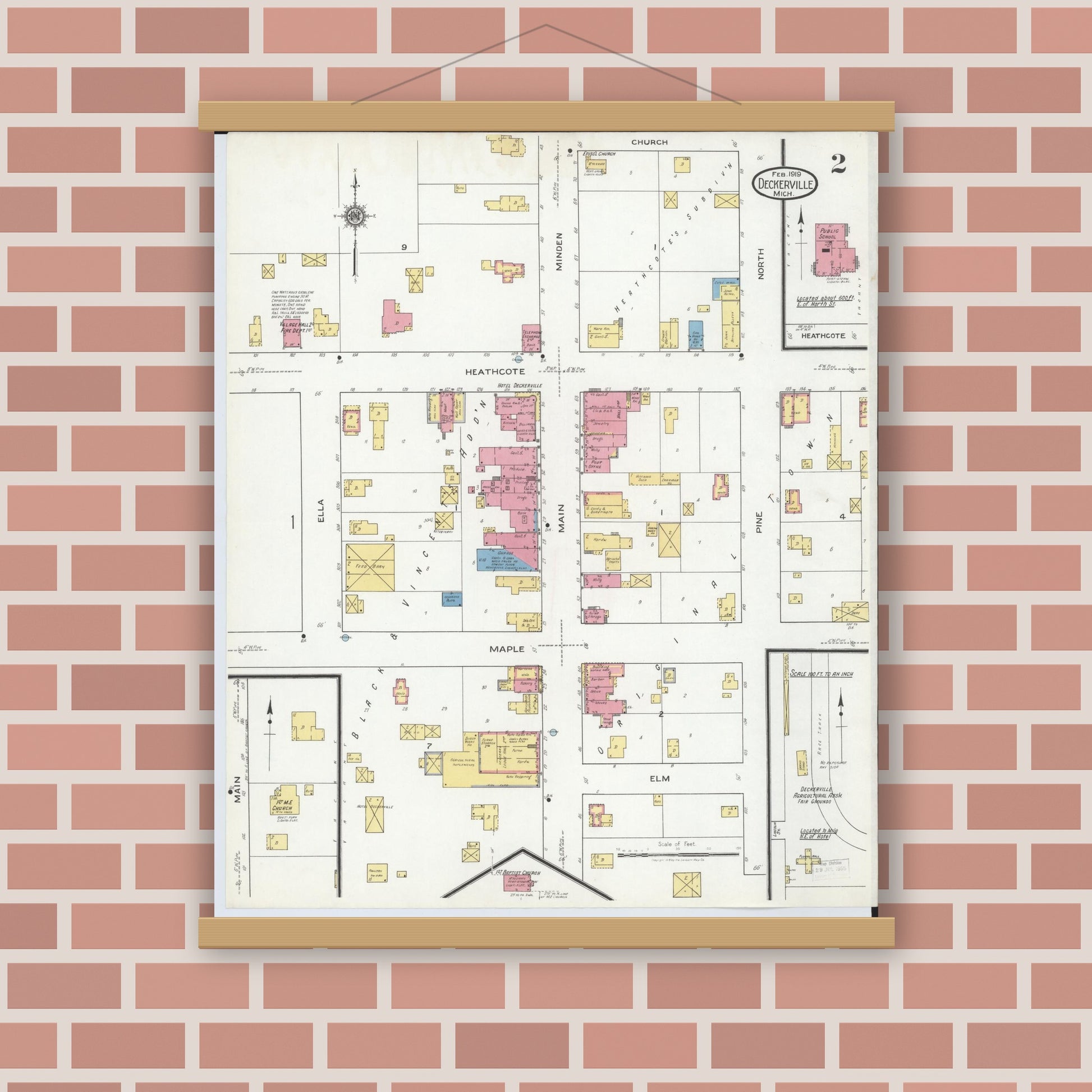 Old map wall art mockup — magnetic wood frame on brick wall — Sanborn Fire Insurance Map from Deckerville, Sanilac County, Michigan (1919), Sheet #0002