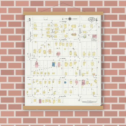 Old map wall art mockup — magnetic wood frame on brick wall — Sanborn Fire Insurance Map from Leadwood, Saint Francois County, Missouri (1927), Sheet #0005