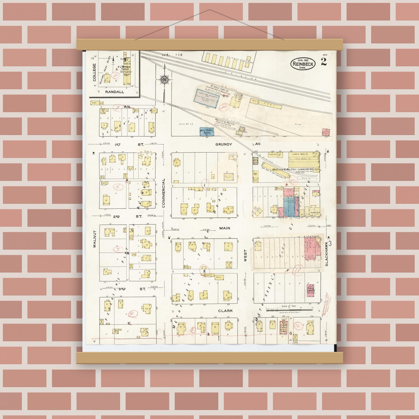 Old map wall art mockup — magnetic wood frame on brick wall — Sanborn Fire Insurance Map from Reinbeck, Grundy County, Iowa (1935), Sheet #0002