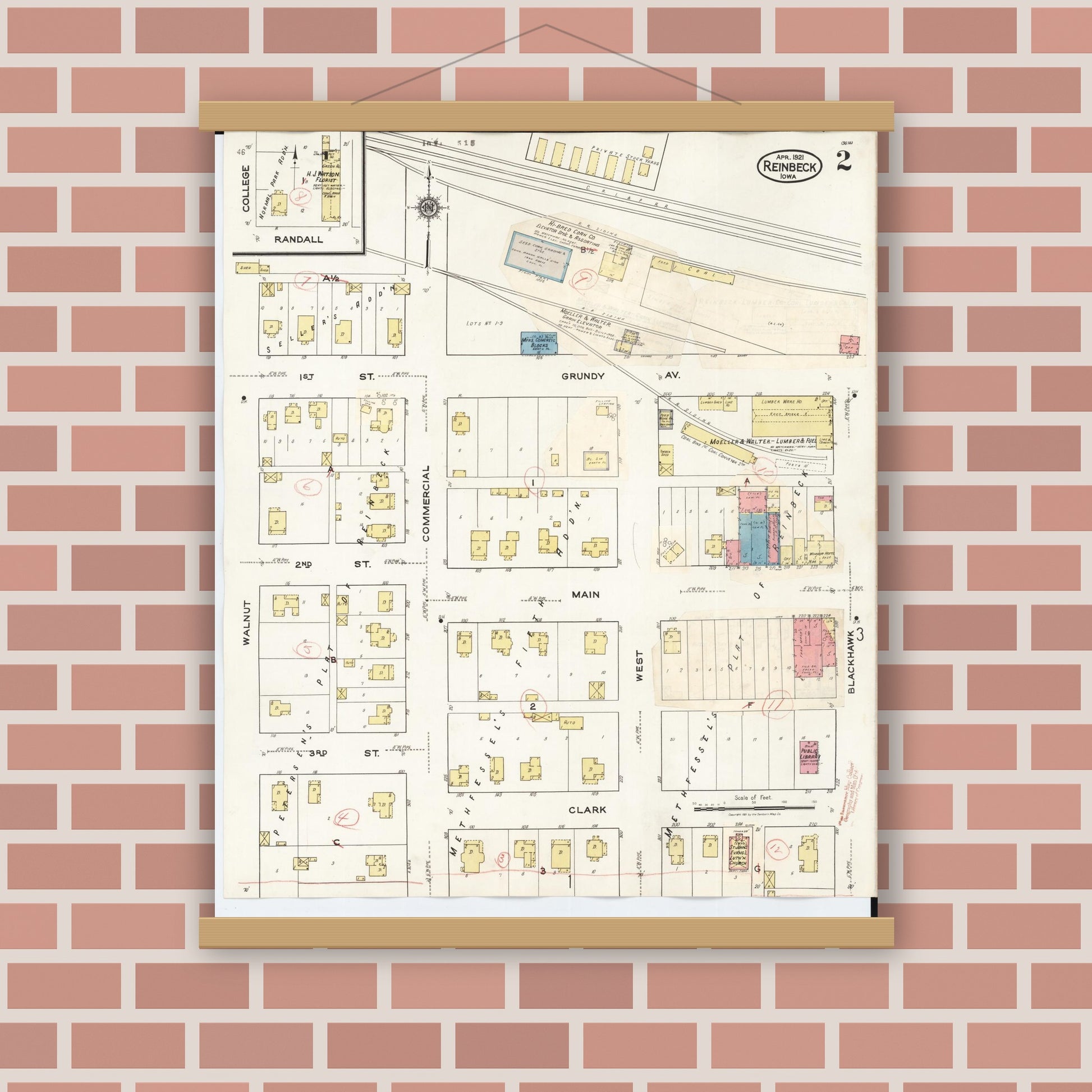 Old map wall art mockup — magnetic wood frame on brick wall — Sanborn Fire Insurance Map from Reinbeck, Grundy County, Iowa (1935), Sheet #0002