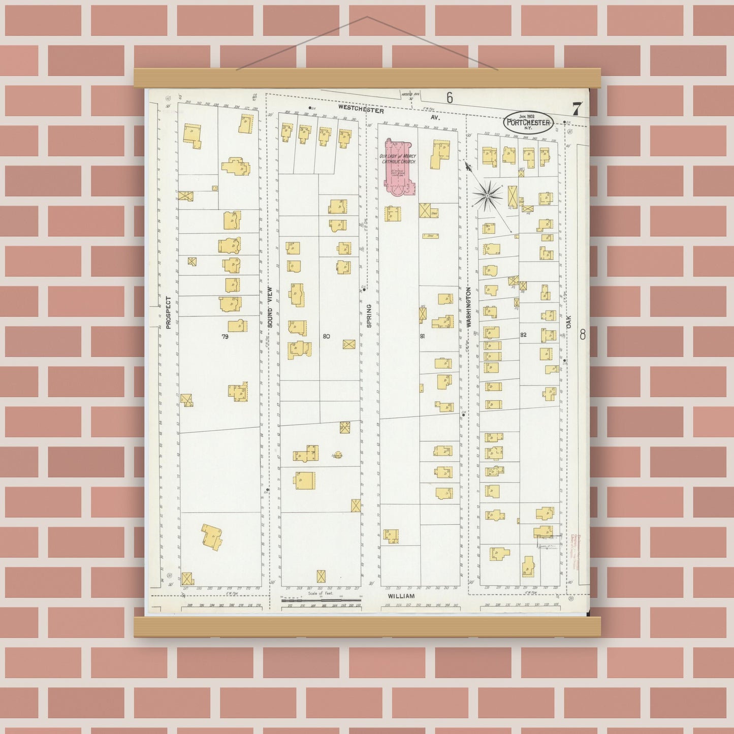Old map wall art mockup — magnetic wood frame on brick wall — Sanborn Fire Insurance Map from Port Chester, Westchester County, New York (1902), Sheet #0007