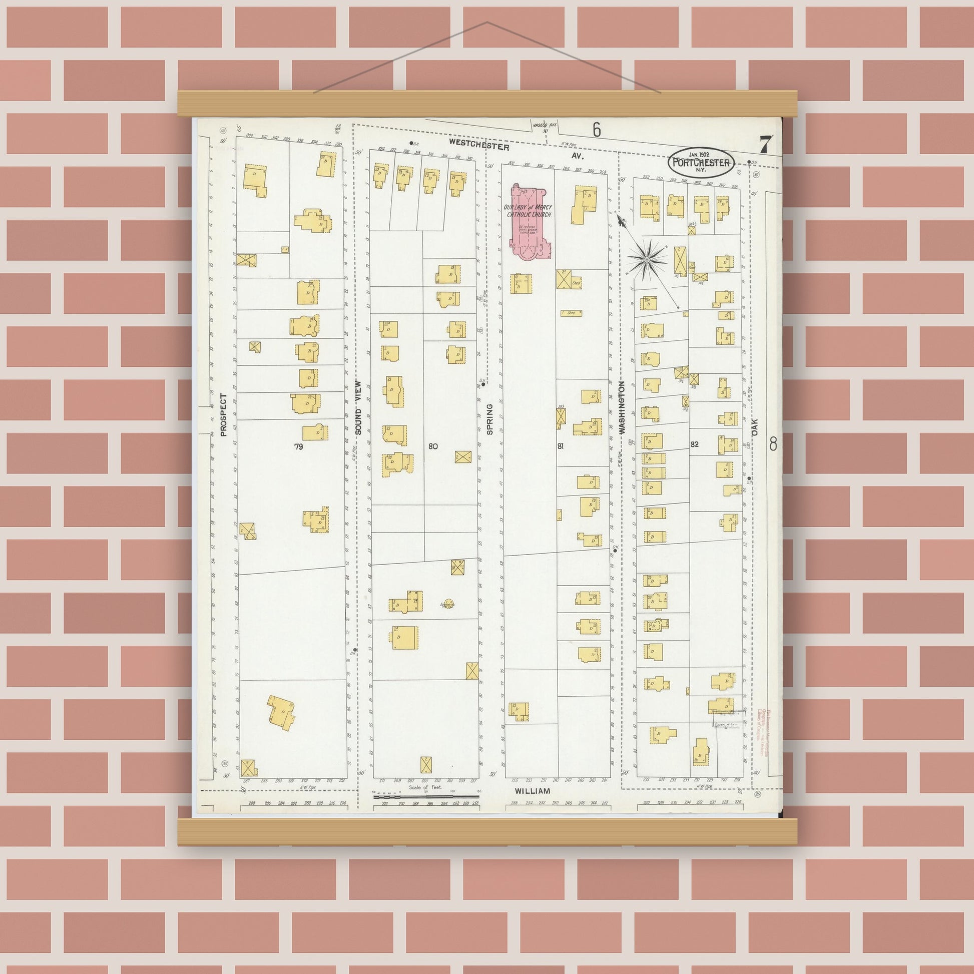 Old map wall art mockup — magnetic wood frame on brick wall — Sanborn Fire Insurance Map from Port Chester, Westchester County, New York (1902), Sheet #0007
