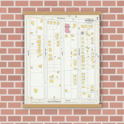 Old map wall art mockup — magnetic wood frame on brick wall — Sanborn Fire Insurance Map from Port Chester, Westchester County, New York (1902), Sheet #0007