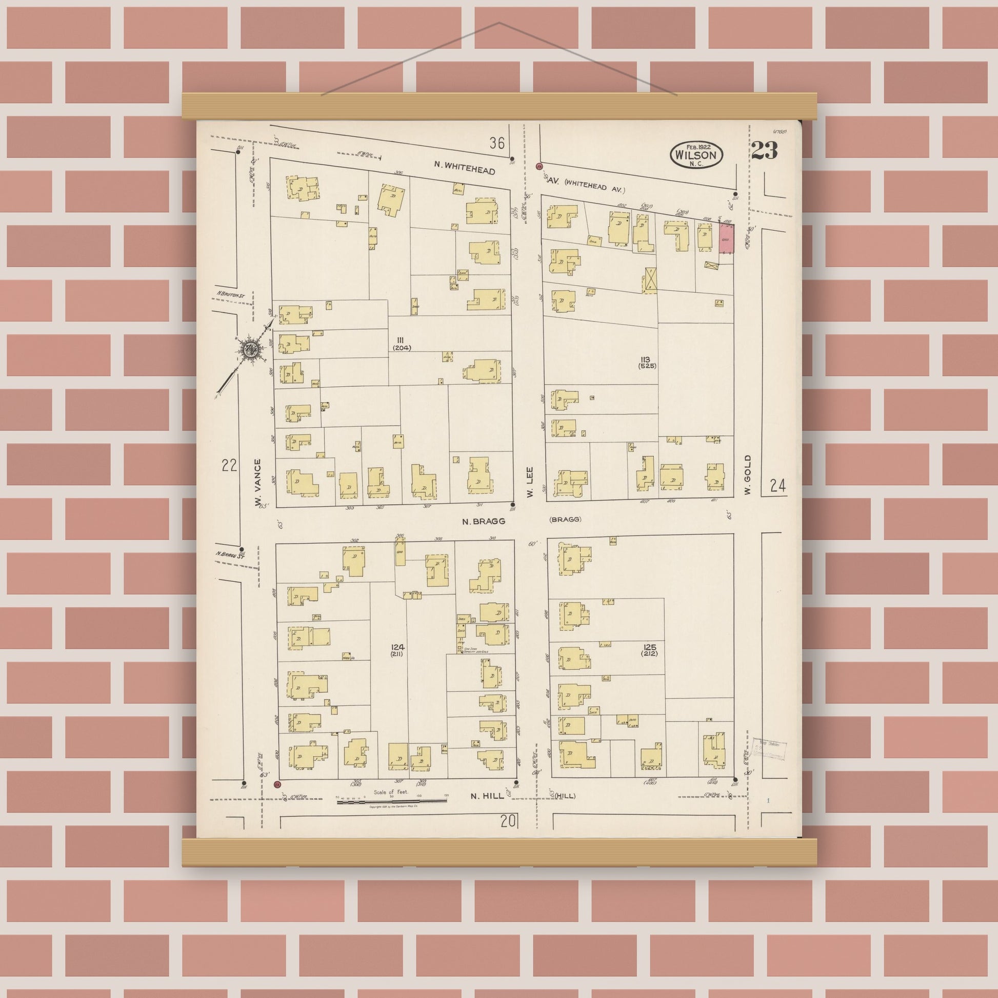 Old map wall art mockup — magnetic wood frame on brick wall — Sanborn Fire Insurance Map from Wilson, Wilson County, North Carolina (1922), Sheet #0023