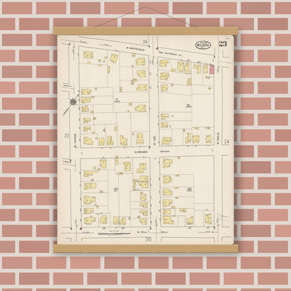 Old map wall art mockup — magnetic wood frame on brick wall — Sanborn Fire Insurance Map from Wilson, Wilson County, North Carolina (1922), Sheet #0023