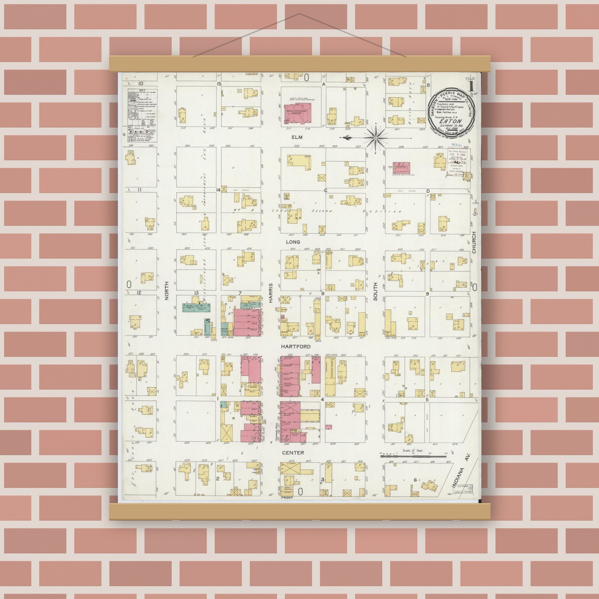 Old map wall art mockup — magnetic wood frame on brick wall — Sanborn Fire Insurance Map from Eaton, Delaware County, Indiana (1900) - Complete Map Set