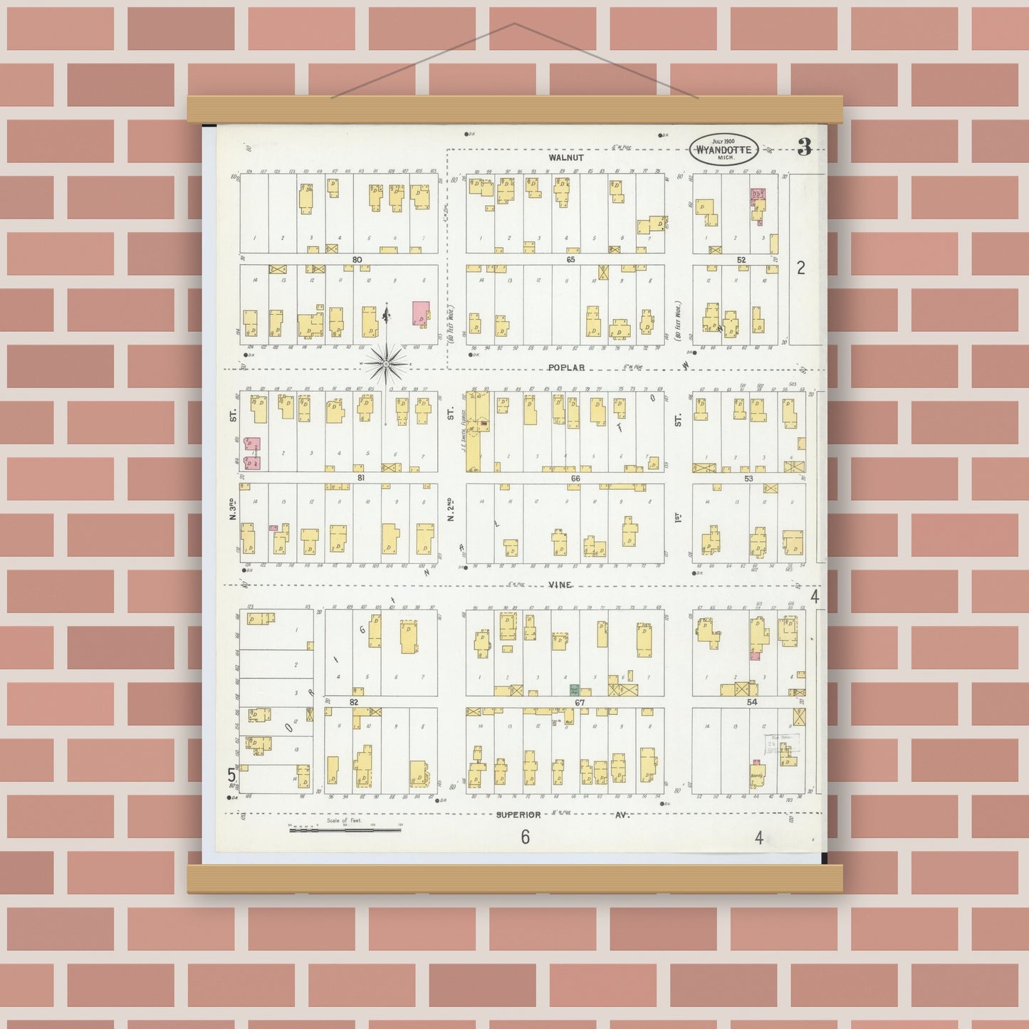 Old map wall art mockup — magnetic wood frame on brick wall — Sanborn Fire Insurance Map from Wyandotte, Wayne County, Michigan (1900), Sheet #0003