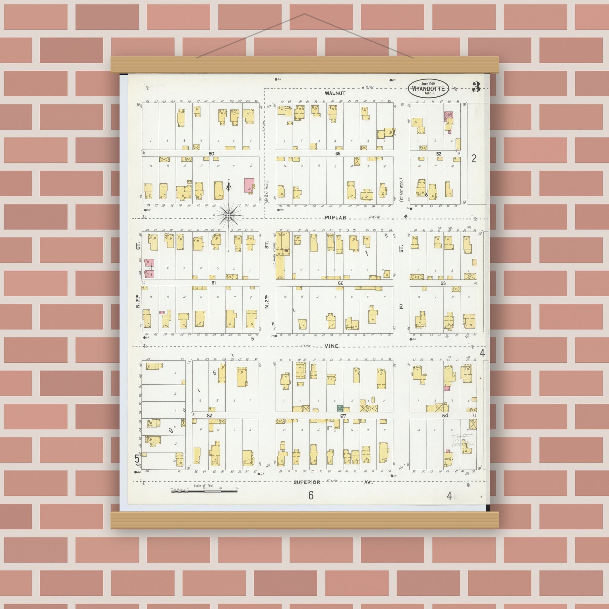 Old map wall art mockup — magnetic wood frame on brick wall — Sanborn Fire Insurance Map from Wyandotte, Wayne County, Michigan (1900), Sheet #0003