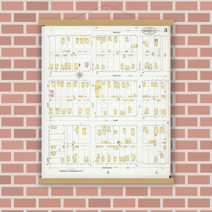 Old map wall art mockup — magnetic wood frame on brick wall — Sanborn Fire Insurance Map from Wyandotte, Wayne County, Michigan (1900), Sheet #0003