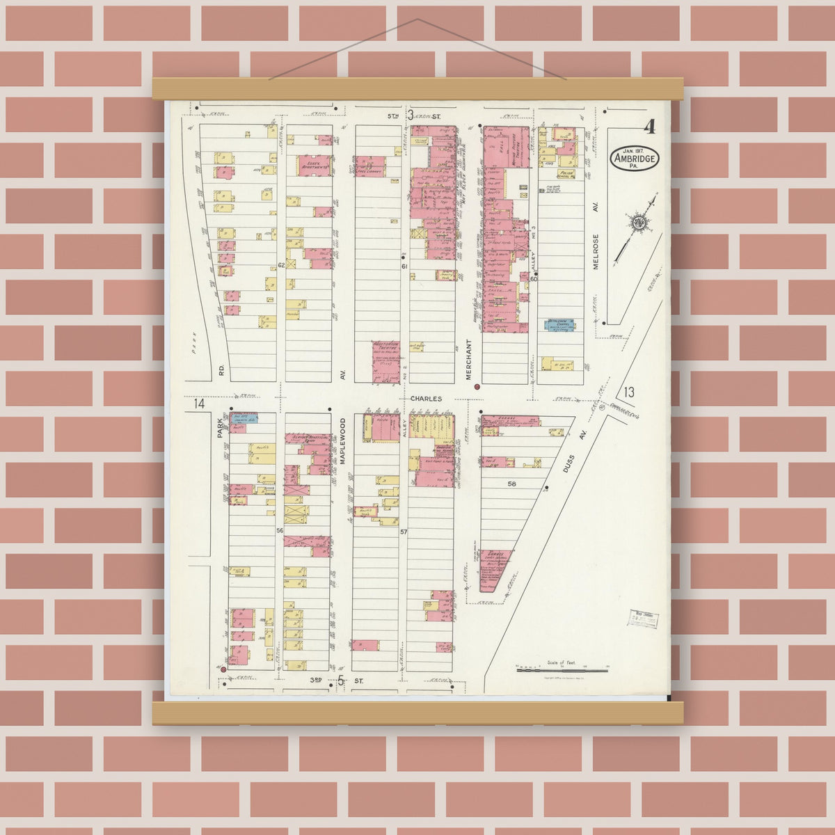 Old map wall art mockup — magnetic wood frame on brick wall — Sanborn Fire Insurance Map from Ambridge, Beaver County, Pennsylvania (1917), Sheet #0004