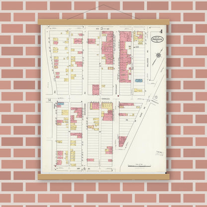 Old map wall art mockup — magnetic wood frame on brick wall — Sanborn Fire Insurance Map from Ambridge, Beaver County, Pennsylvania (1917), Sheet #0004