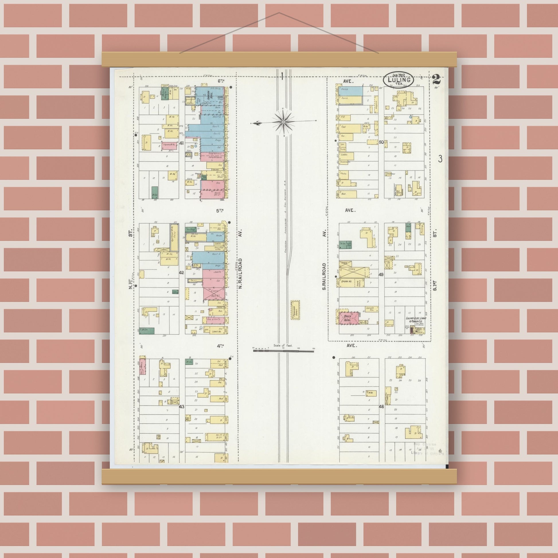 Old map wall art mockup — magnetic wood frame on brick wall — Sanborn Fire Insurance Map from Luling, Caldwell County, Texas (1902), Sheet #0002