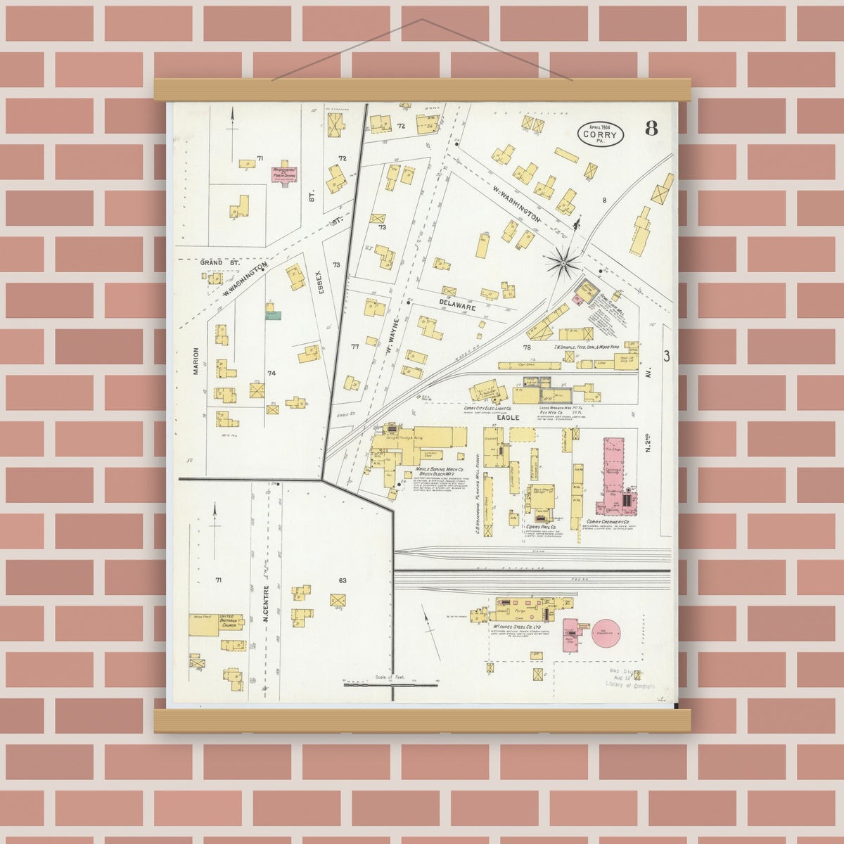 Old map wall art mockup — magnetic wood frame on brick wall — Sanborn Fire Insurance Map from Corry, Erie County, Pennsylvania (1904), Sheet #0008