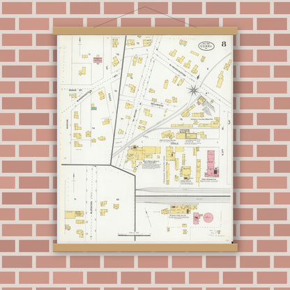 Old map wall art mockup — magnetic wood frame on brick wall — Sanborn Fire Insurance Map from Corry, Erie County, Pennsylvania (1904), Sheet #0008