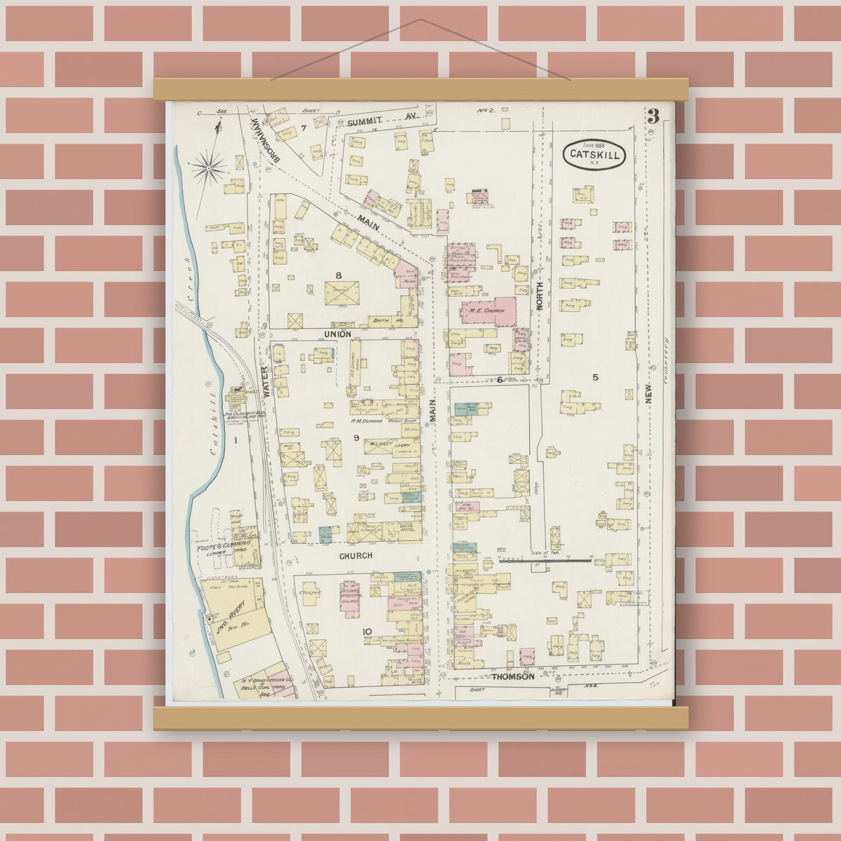 Old map wall art mockup — magnetic wood frame on brick wall — Sanborn Fire Insurance Map from Catskill, Greene County, New York (1889), Sheet #0003
