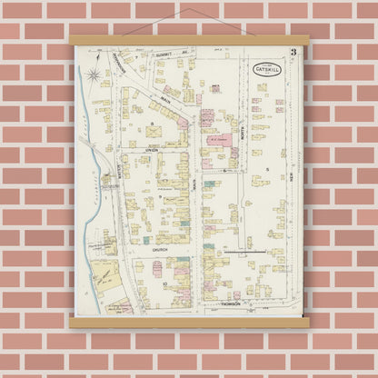 Old map wall art mockup — magnetic wood frame on brick wall — Sanborn Fire Insurance Map from Catskill, Greene County, New York (1889), Sheet #0003