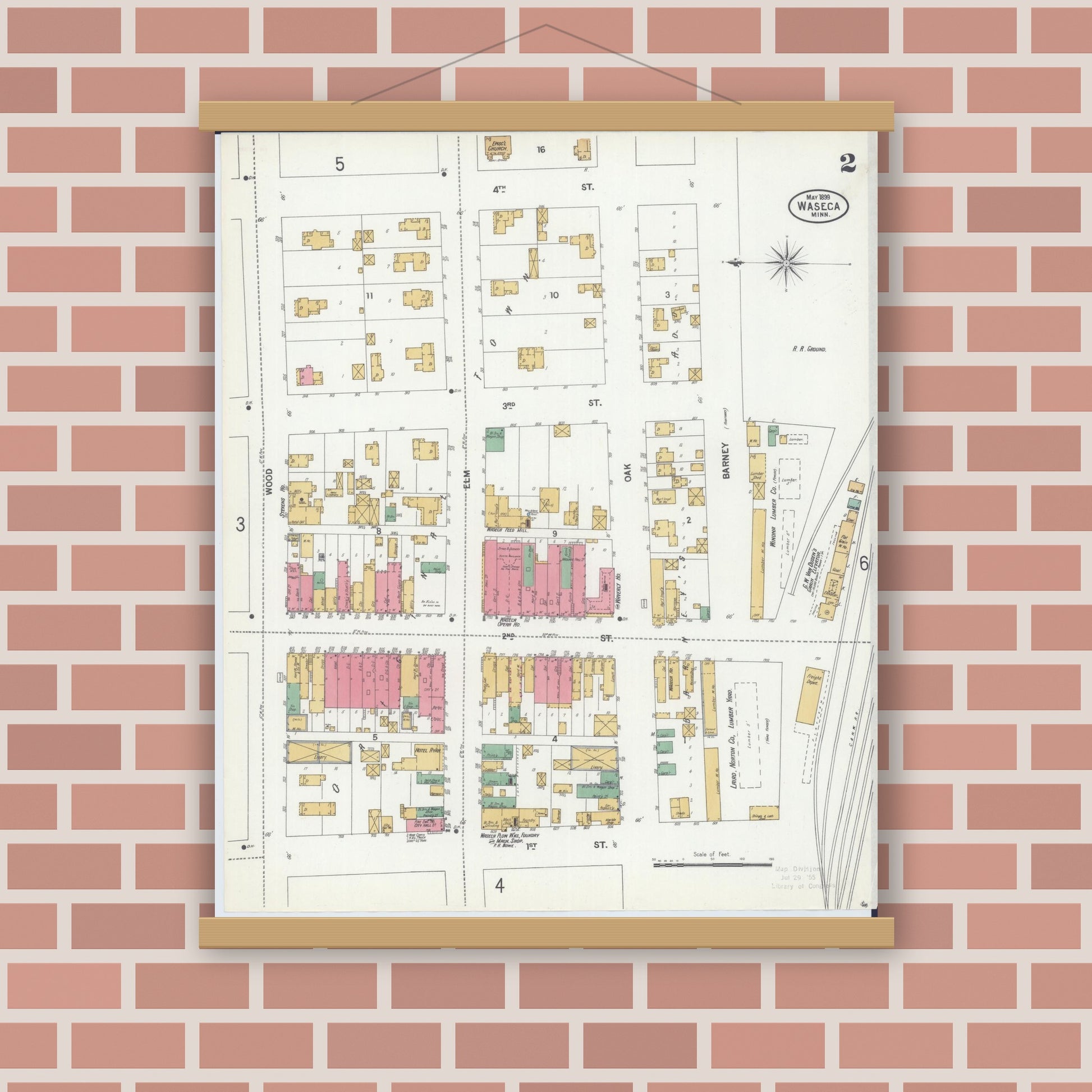 Old map wall art mockup — magnetic wood frame on brick wall — Sanborn Fire Insurance Map from Waseca, Waseca County, Minnesota (1899), Sheet #0002