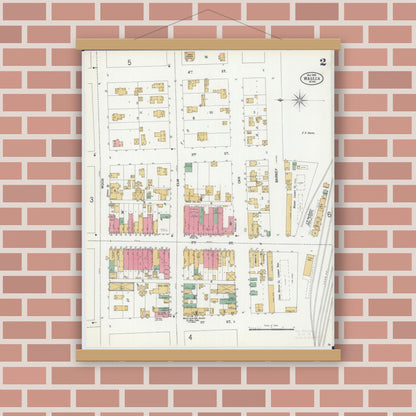 Old map wall art mockup — magnetic wood frame on brick wall — Sanborn Fire Insurance Map from Waseca, Waseca County, Minnesota (1899), Sheet #0002