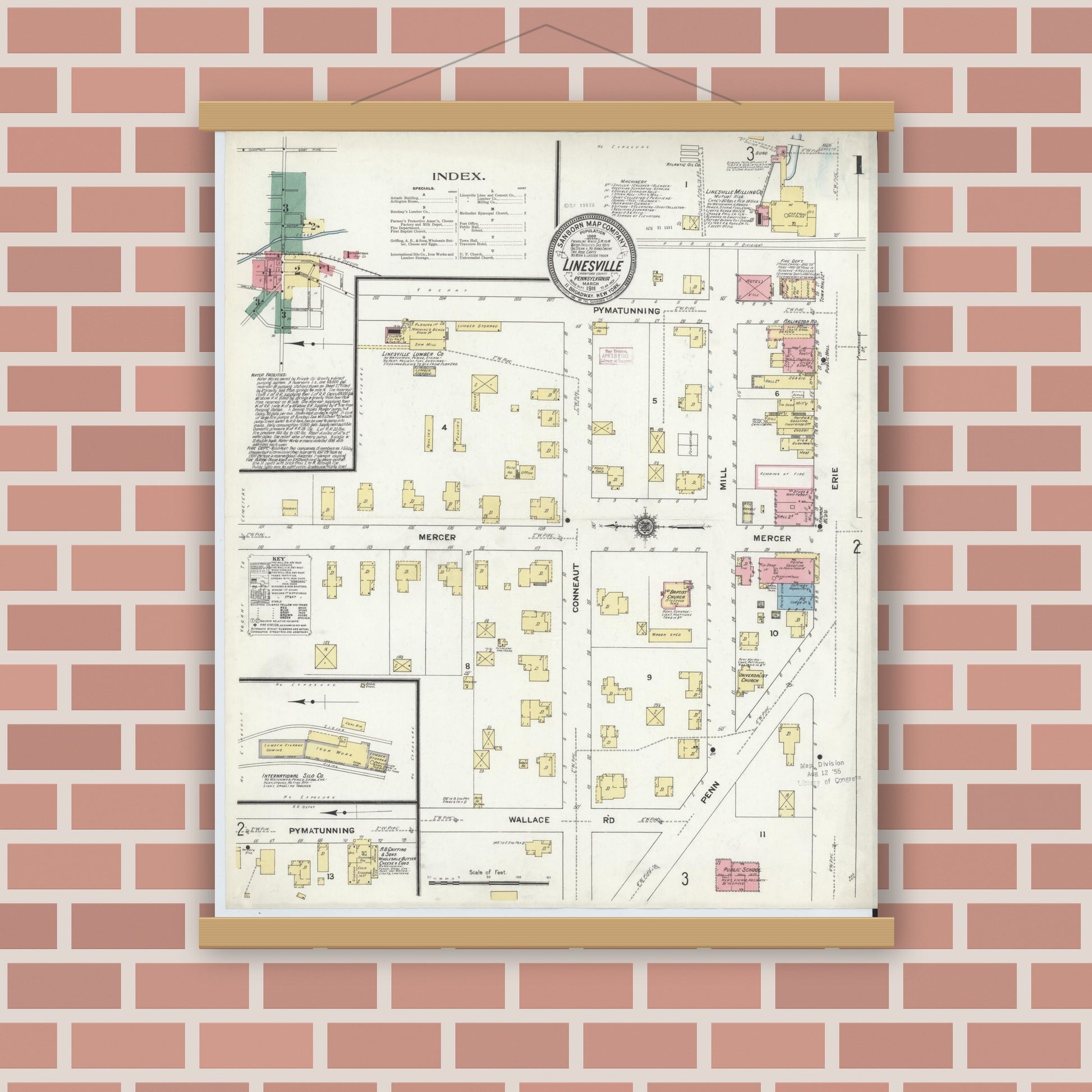 Old map wall art mockup — magnetic wood frame on brick wall — Sanborn Fire Insurance Map from Linesville, Crawford County, Pennsylvania (1911) - Complete Map Set