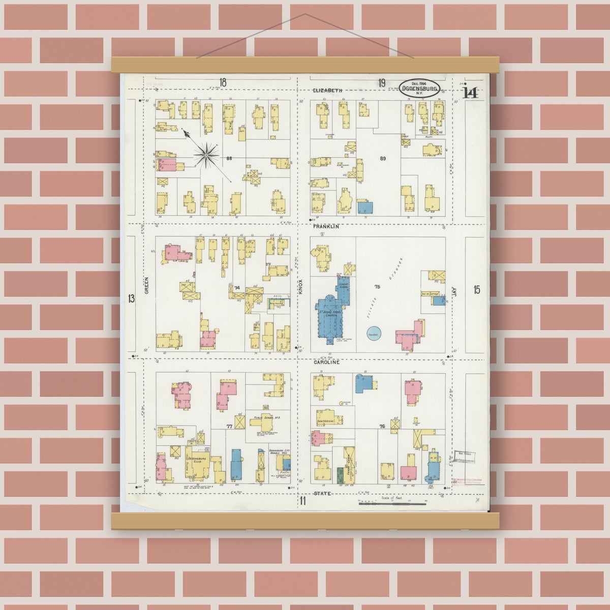Old map wall art mockup — magnetic wood frame on brick wall — Sanborn Fire Insurance Map from Ogdensburg, St. Lawrence County, New York (1904), Sheet #0014