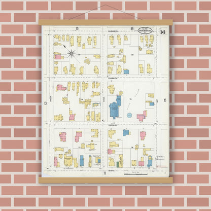 Old map wall art mockup — magnetic wood frame on brick wall — Sanborn Fire Insurance Map from Ogdensburg, St. Lawrence County, New York (1904), Sheet #0014