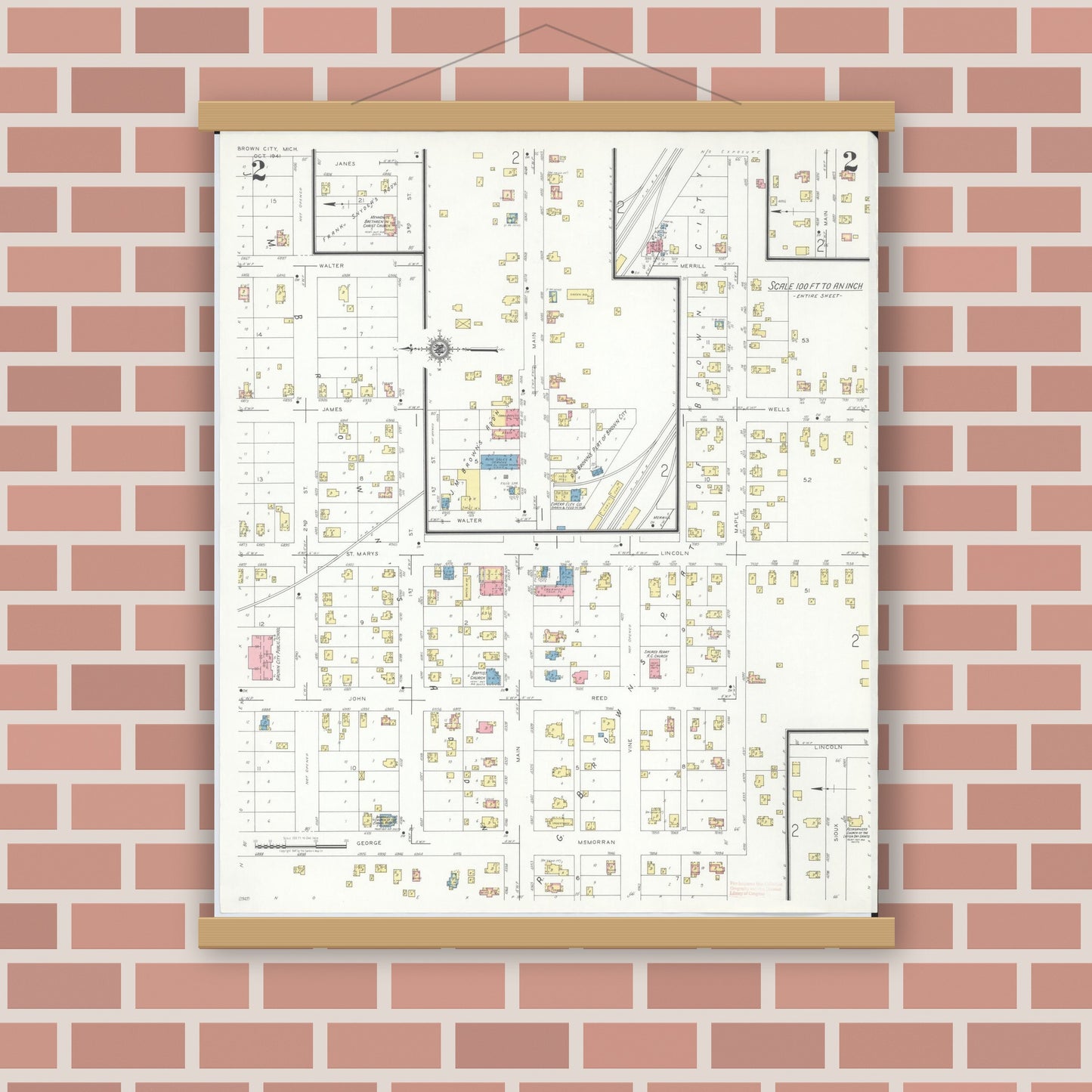 Old map wall art mockup — magnetic wood frame on brick wall — Sanborn Fire Insurance Map from Brown City, Sanilac County, Michigan (1941), Sheet #0002