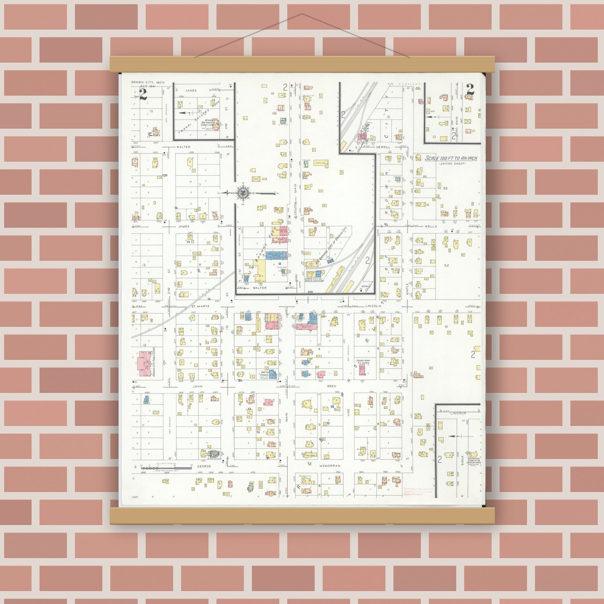 Old map wall art mockup — magnetic wood frame on brick wall — Sanborn Fire Insurance Map from Brown City, Sanilac County, Michigan (1941), Sheet #0002