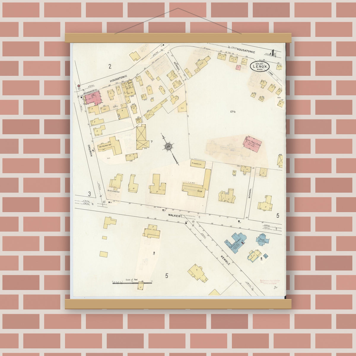 Old map wall art mockup — magnetic wood frame on brick wall — Sanborn Fire Insurance Map from Lenox, Berkshire County, Massachusetts (1939), Sheet #0004