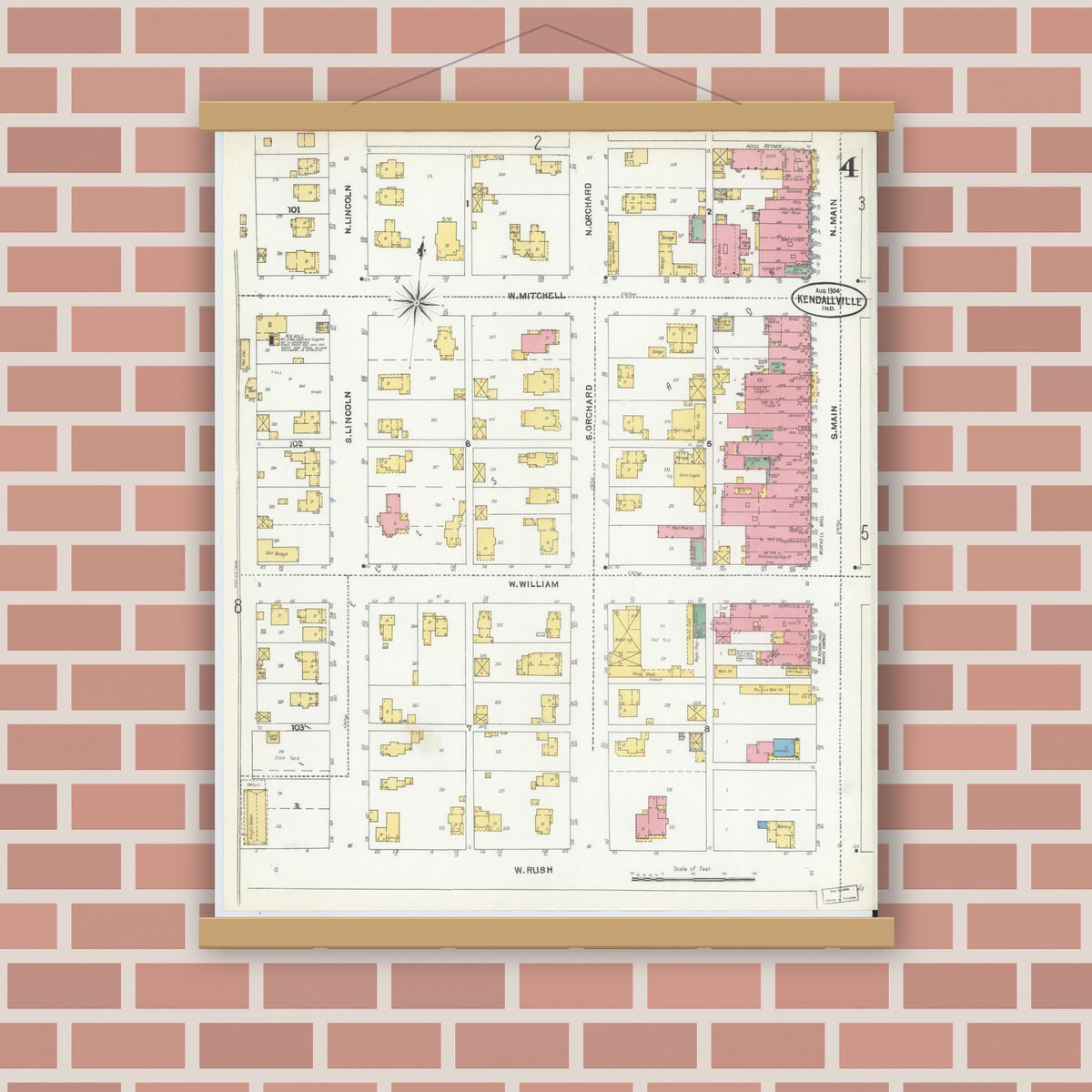 Old map wall art mockup — magnetic wood frame on brick wall — Sanborn Fire Insurance Map from Kendallville, Noble County, Indiana (1904), Sheet #0004