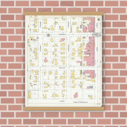 Old map wall art mockup — magnetic wood frame on brick wall — Sanborn Fire Insurance Map from Kendallville, Noble County, Indiana (1904), Sheet #0004