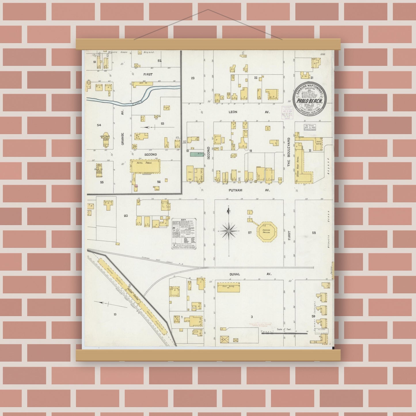 Old map wall art mockup — magnetic wood frame on brick wall — Sanborn Fire Insurance Map from Pablo Beach, Duval County, Florida (1903), Sheet #0001