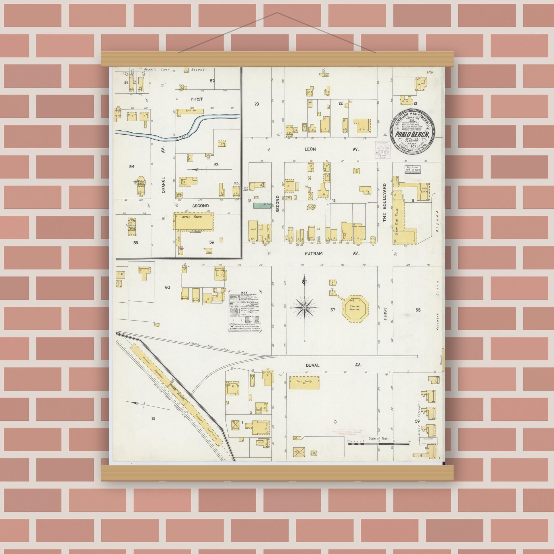 Old map wall art mockup — magnetic wood frame on brick wall — Sanborn Fire Insurance Map from Pablo Beach, Duval County, Florida (1903), Sheet #0001