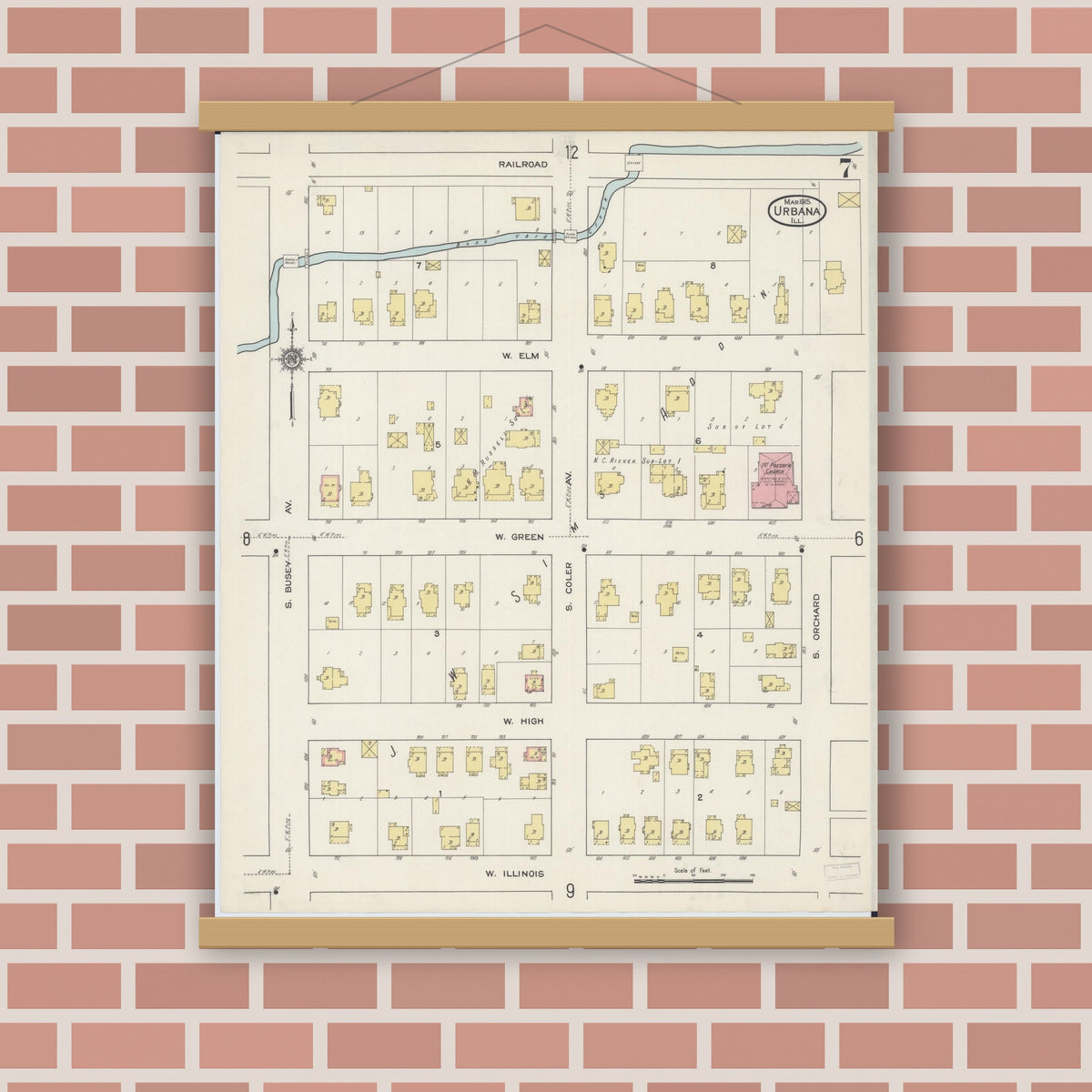 Old map wall art mockup — magnetic wood frame on brick wall — Sanborn Fire Insurance Map from Urbana, Champaign County, Illinois (1915), Sheet #0007