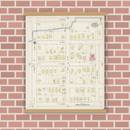 Old map wall art mockup — magnetic wood frame on brick wall — Sanborn Fire Insurance Map from Urbana, Champaign County, Illinois (1915), Sheet #0007