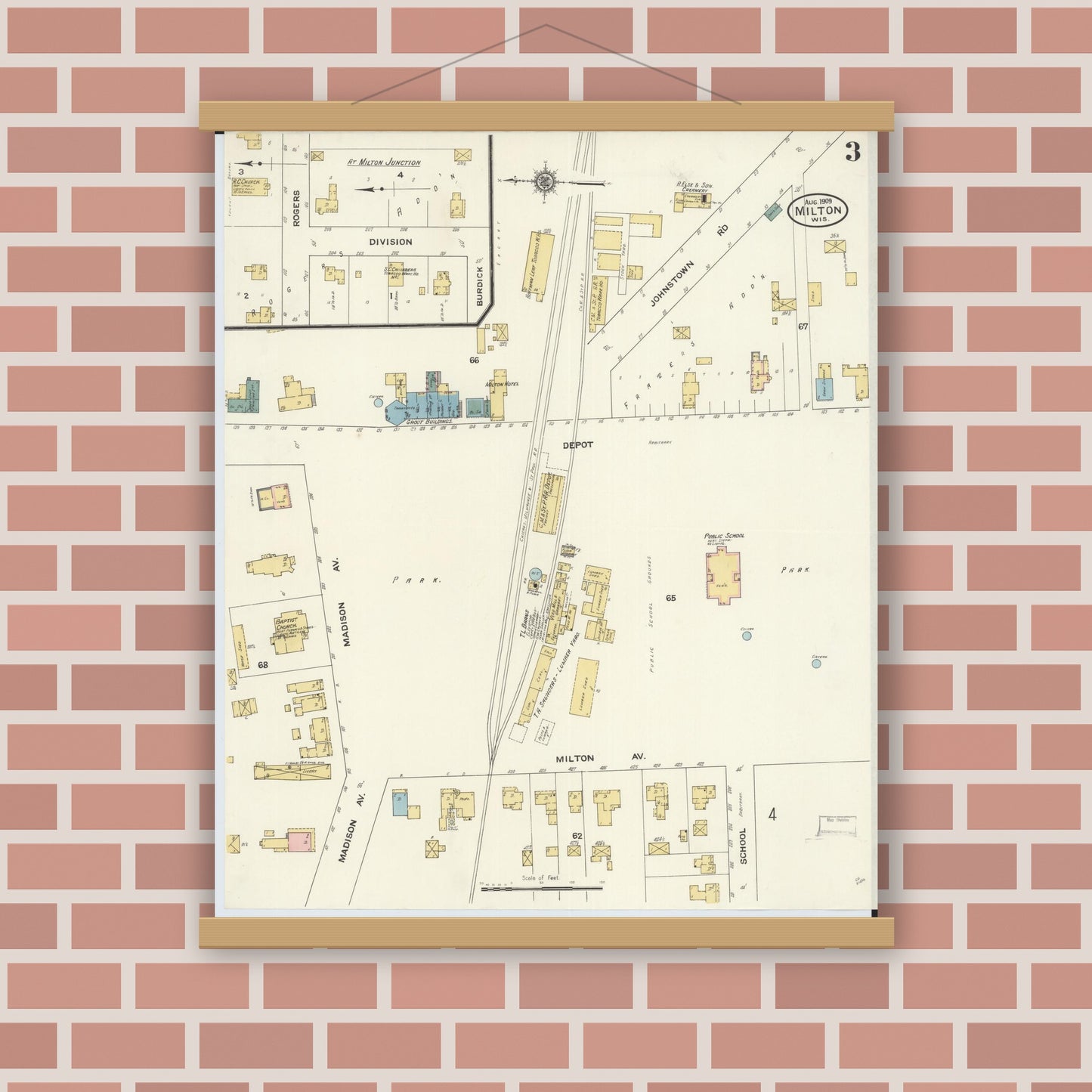 Old map wall art mockup — magnetic wood frame on brick wall — Sanborn Fire Insurance Map from Milton, Rock County, Wisconsin (1909), Sheet #0003