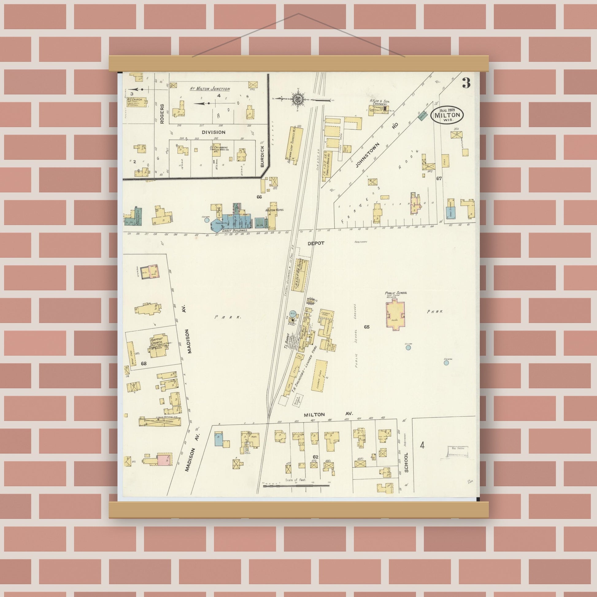 Old map wall art mockup — magnetic wood frame on brick wall — Sanborn Fire Insurance Map from Milton, Rock County, Wisconsin (1909), Sheet #0003