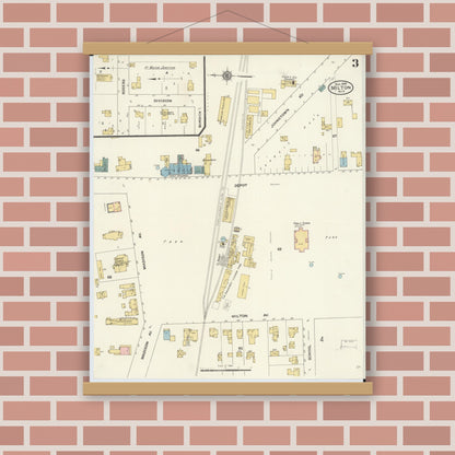 Old map wall art mockup — magnetic wood frame on brick wall — Sanborn Fire Insurance Map from Milton, Rock County, Wisconsin (1909), Sheet #0003