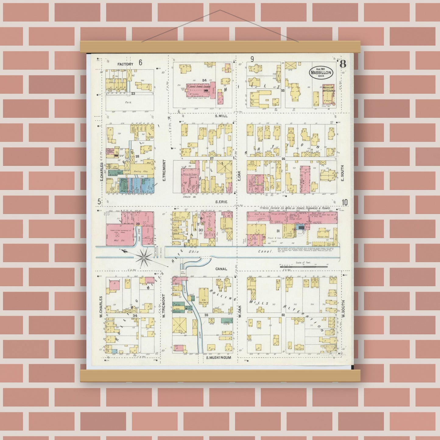 Old map wall art mockup — magnetic wood frame on brick wall — Sanborn Fire Insurance Map from Massillon, Stark County, Ohio (1901), Sheet #0008