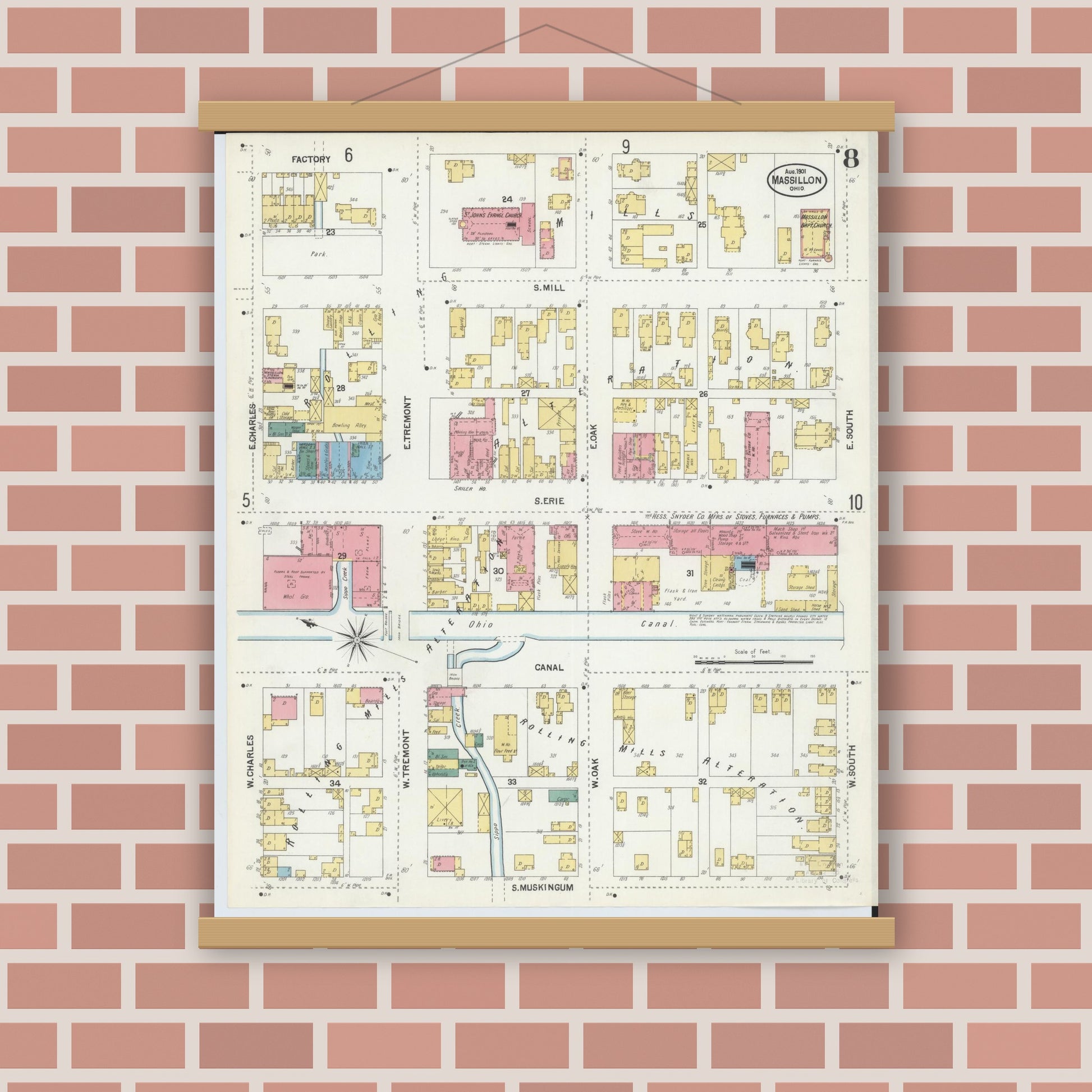 Old map wall art mockup — magnetic wood frame on brick wall — Sanborn Fire Insurance Map from Massillon, Stark County, Ohio (1901), Sheet #0008