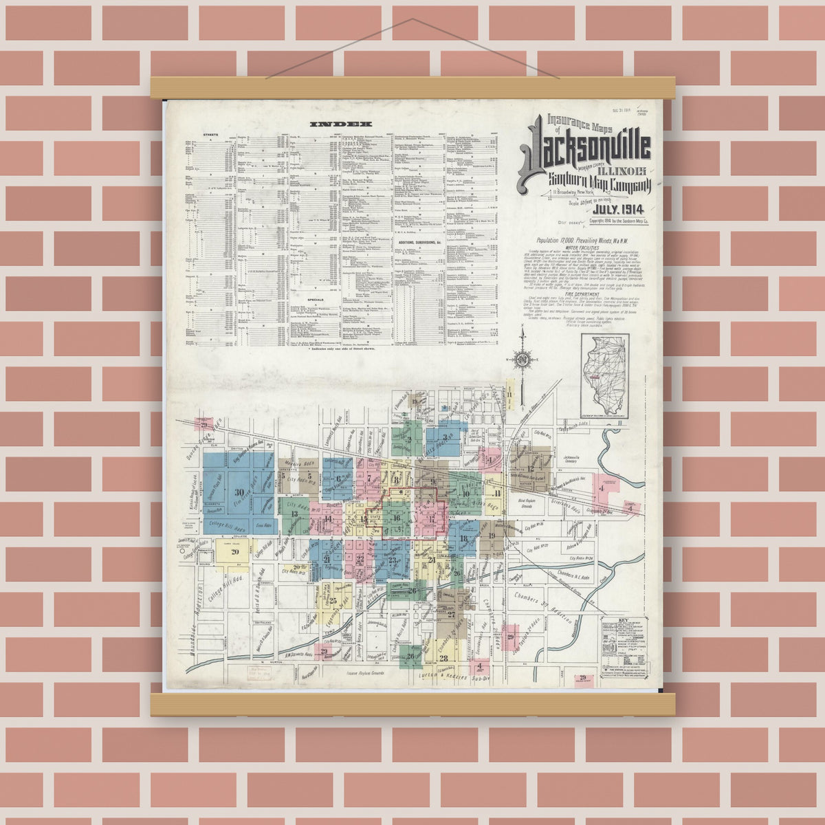 Old map wall art mockup — magnetic wood frame on brick wall — Sanborn Fire Insurance Map from Jacksonville, Morgan County, Illinois (1914) - Complete Map Set