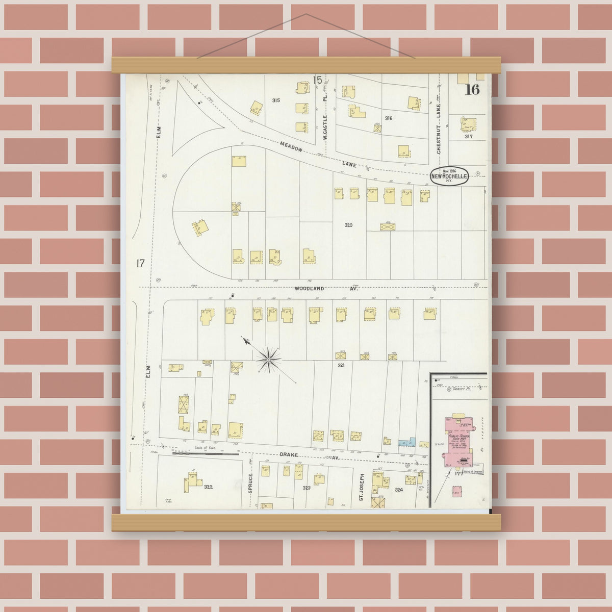 Old map wall art mockup — magnetic wood frame on brick wall — Sanborn Fire Insurance Map from New Rochelle, Westchester County, New York (1896), Sheet #0016