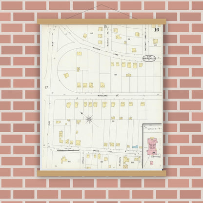 Old map wall art mockup — magnetic wood frame on brick wall — Sanborn Fire Insurance Map from New Rochelle, Westchester County, New York (1896), Sheet #0016